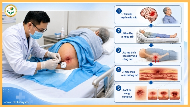 bác sĩ điều trị loét tì đè vùng cùng cụt bệnh nhân tai biến
