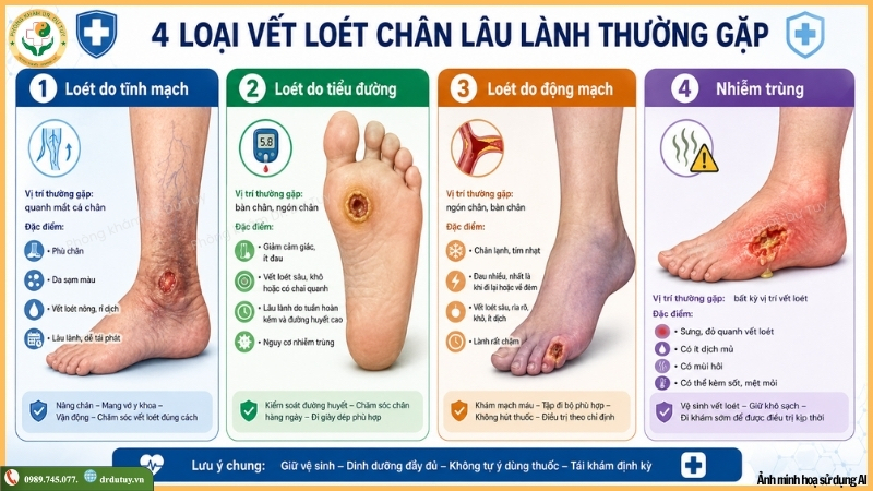 phân biệt các loại vết loét chân lâu lành