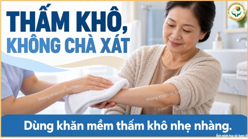 thấm khô da bằng khăn mềm khi xạ trị