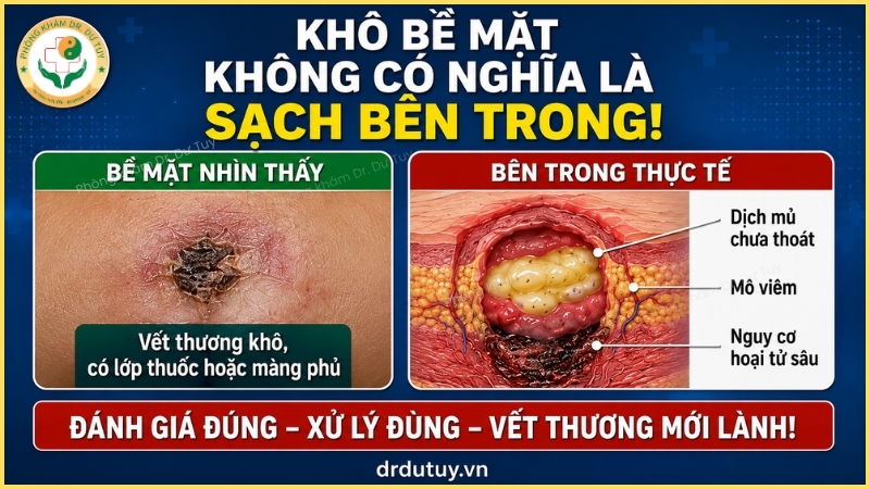 vết thương khô bề mặt nhưng còn dịch mủ bên trong